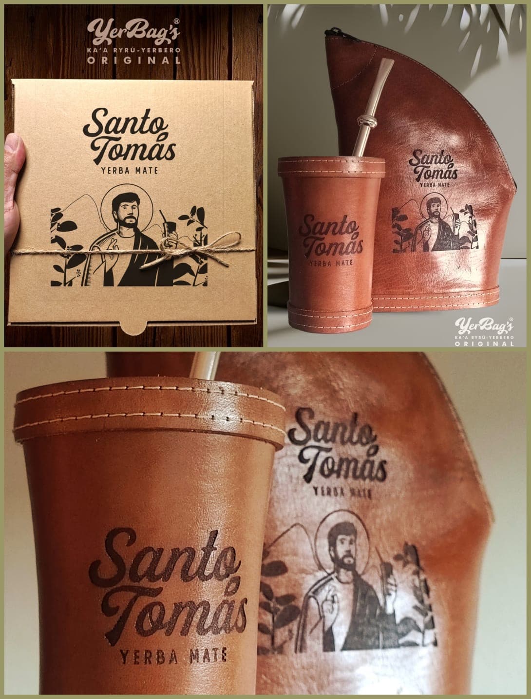 Juego de yerbero y guampa de cuero con caja para Santo Tomás Yerba Mate